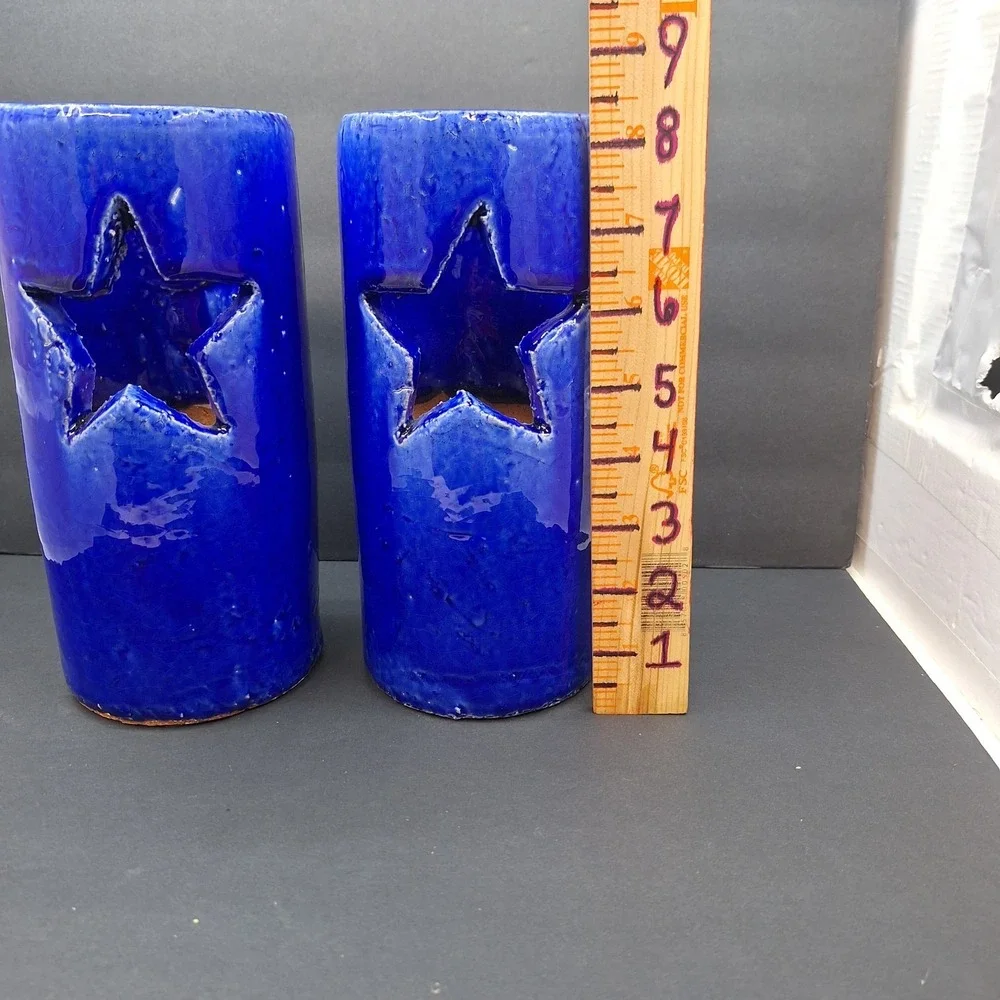 X2 Celestial Blue Star Cut Outs Art Pottery Luminary Tea Light Votive Holder Set